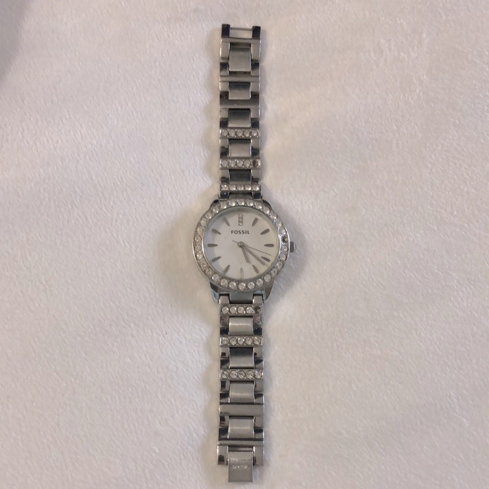 Fossil silver watch with stones. Good condition.